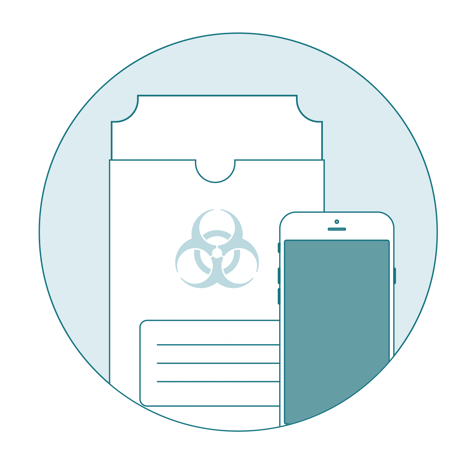 A smartphone beside an open biohazard bag