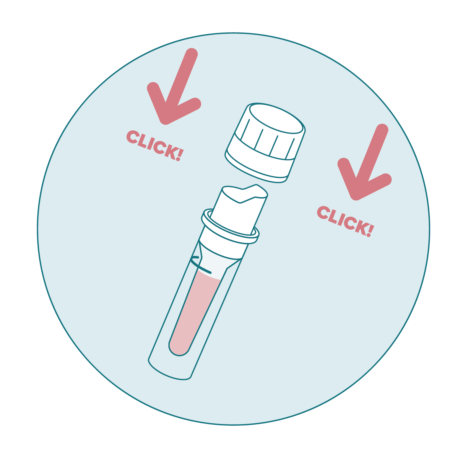 A lid being clicked back on to a full sample collection tube, indicated be red arrows and text.