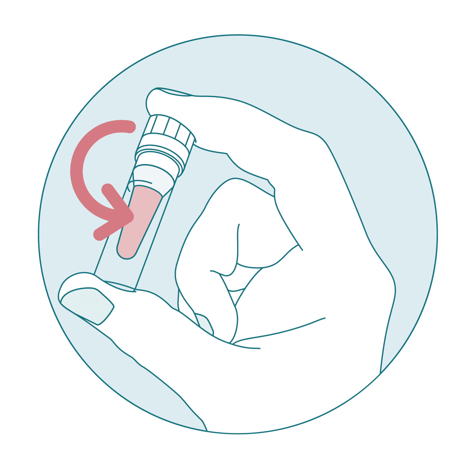 A full sample collection tube being turned upside down, indicated by a red arrow.