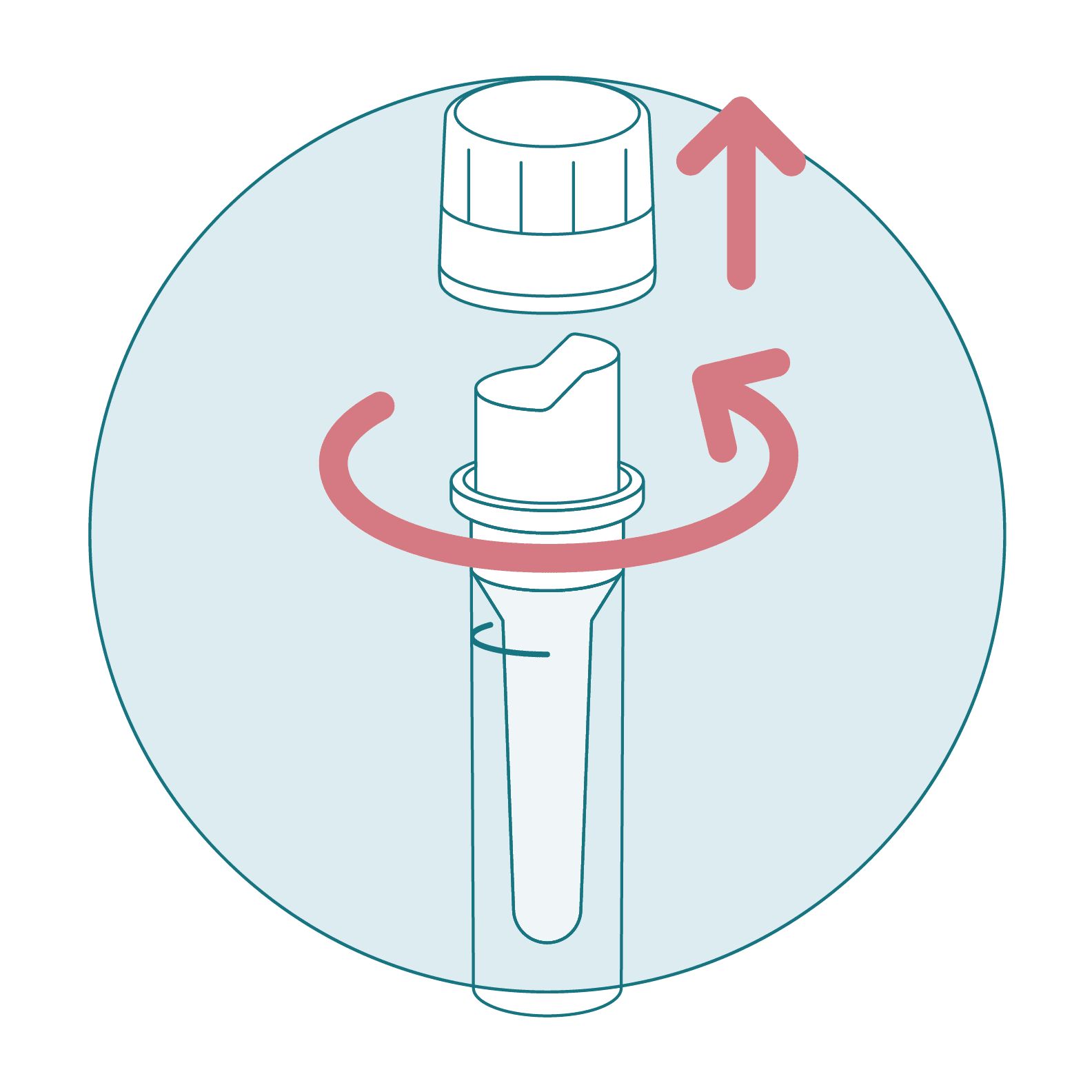 A blood sample collection tube with the lid being removed. A red arrow indicates that the sample collection tube lid unscrews anticlockwise. A second red arrow, pointing up, indicates that the lid is to be lifted off the sample collection tube.