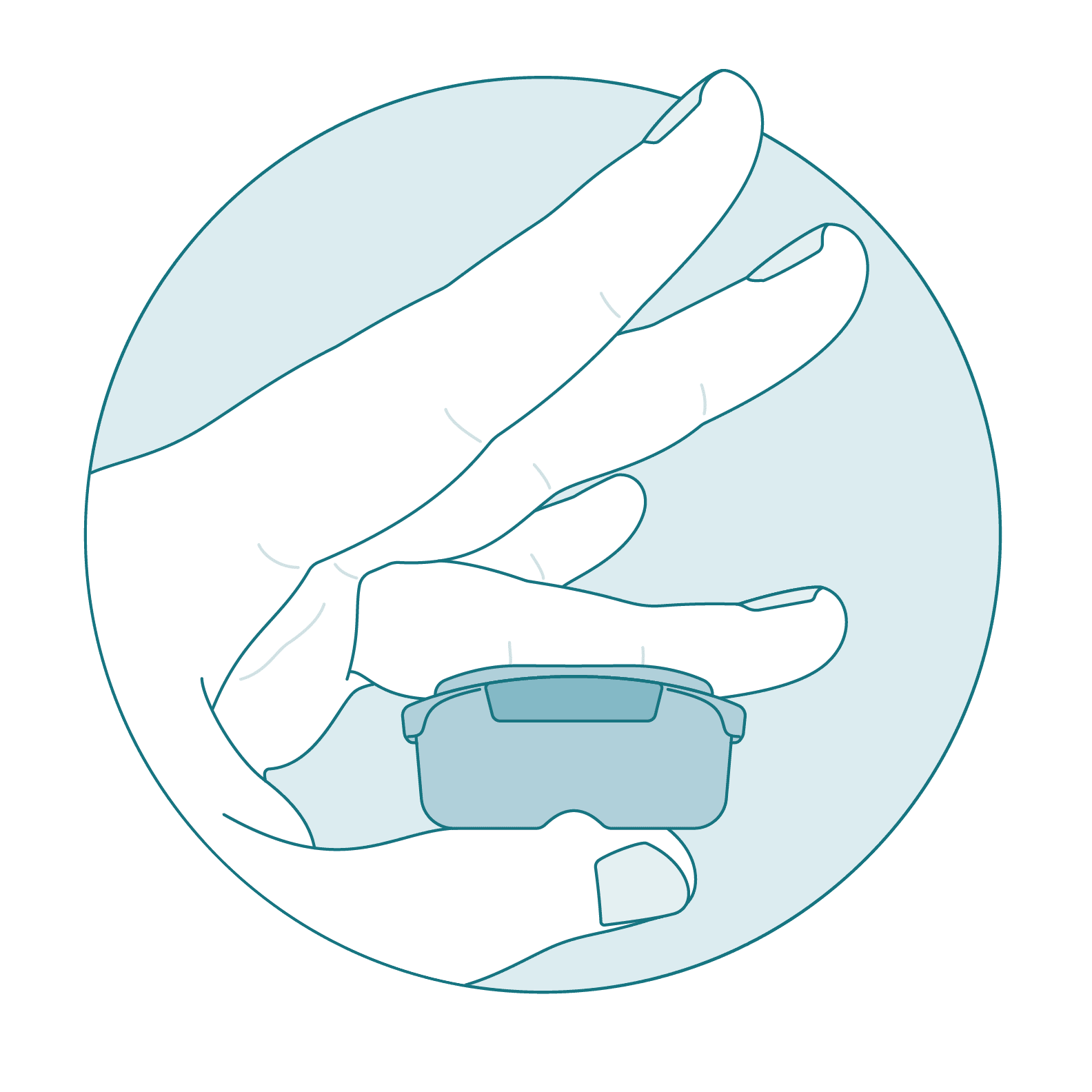 A hand with the fourth finger placed on the Phlebotic Assistant vibrating plate, halfway down the finger. The thumb of the same hand is applying pressure to the underside of the Phlebotic Assistant, holding it in place.