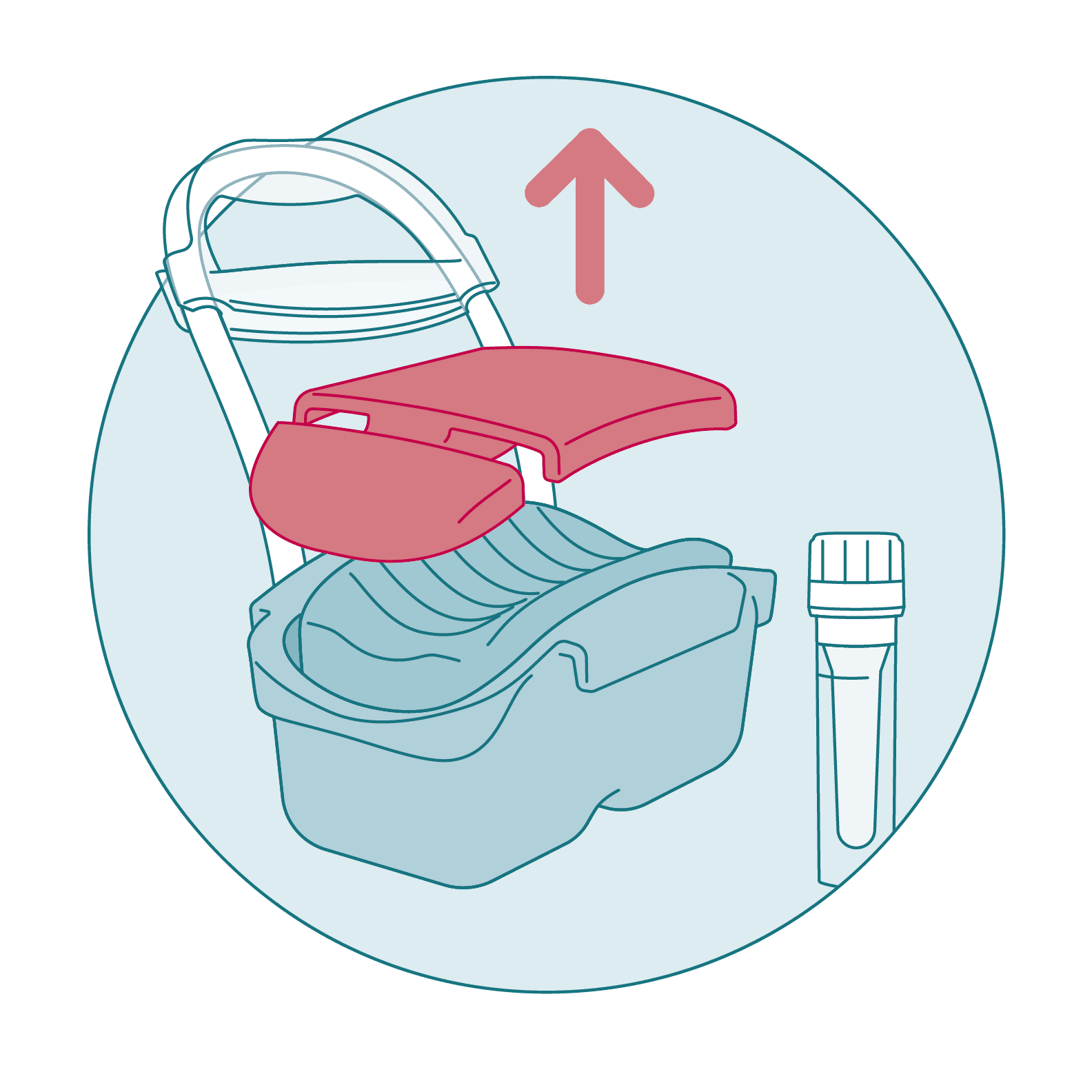 a Phlebotic Assistant device beside a blood sample collection tube. The a red arrow above the Phlebotic Assistant is point up, indicating that the red cap is to be removed from the device.