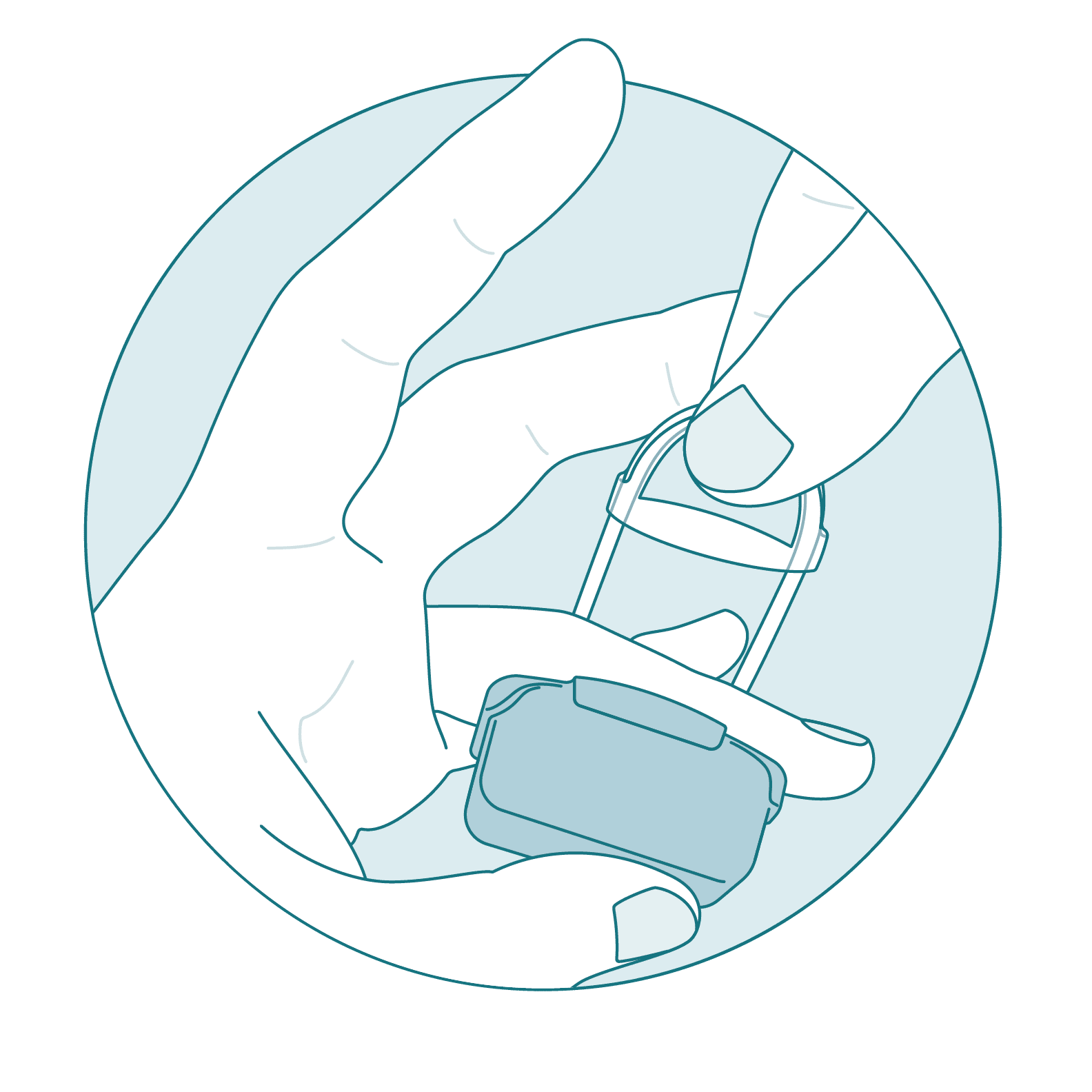 A hand with the fourth finger placed on the Phlebotic Assistant vibrating plate, halfway down the finger. The thumb of the same hand is applying pressure to the underside of the Phlebotic Assistant, holding it in place. A second hand is pulling the Phlebotic Assistant strap around the 4th finger of the first hand.