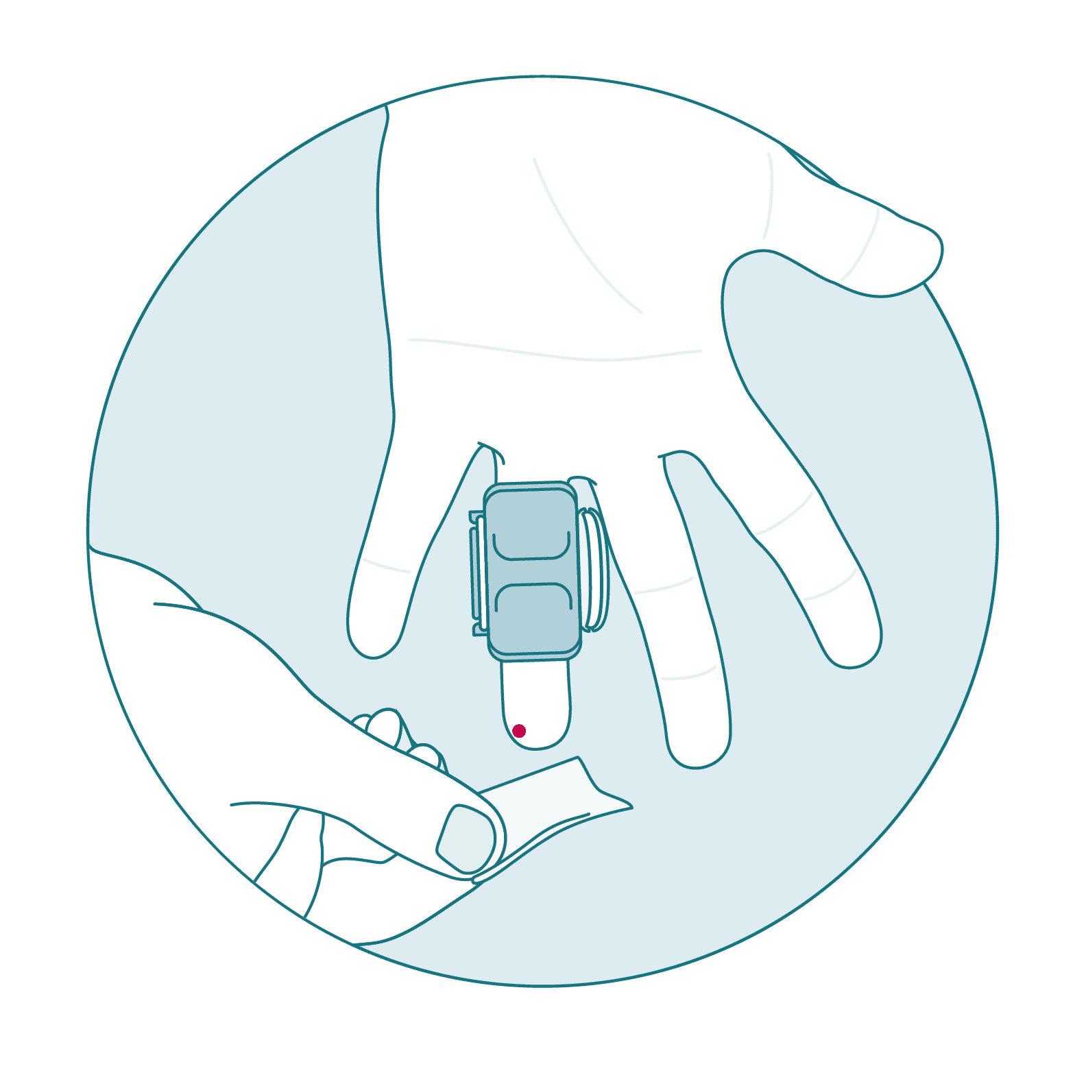 A hand angled downwards with a Phlebotic Assistant on the fourth finger. A drop of blood is being wiped away from the tip of the fourth finger.