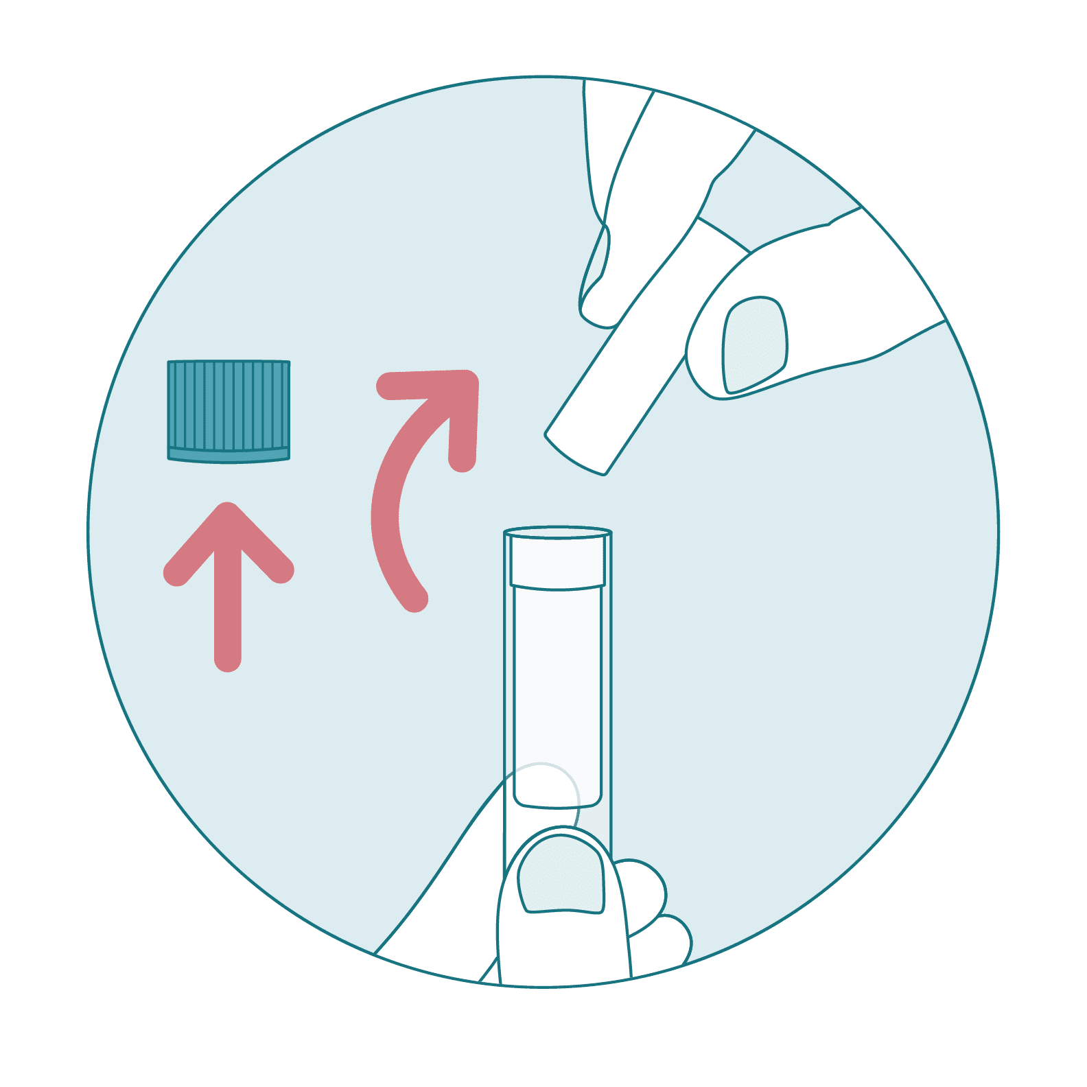 A sample collection tube with the lid removed and the sponge being removed. An arrow, pointing up, indicates the direction in which the lid is to be removed. A second arrow, pointing up and bending slightly to the right, indicated that the sponge is to be removed from within the sample tube.