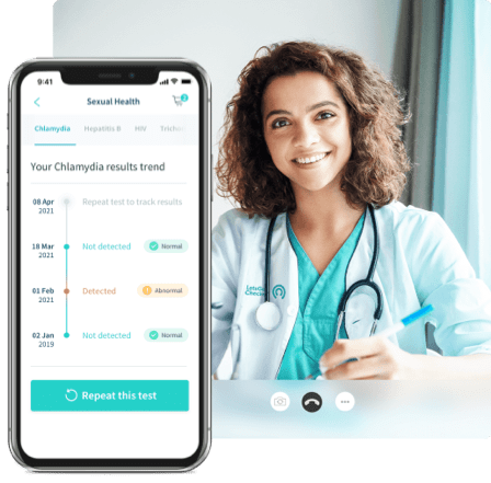 Doctor on video call, phone app showing chlamydia test results