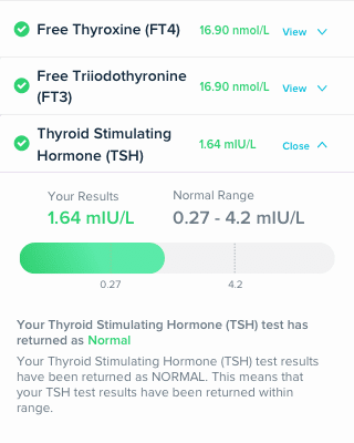 Screenshot of results for Thyroid Stimulating Hormone (TSH) Test