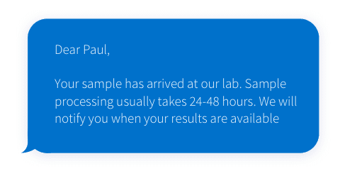 Screenshot of a SMS notification of results arriving in the lab
